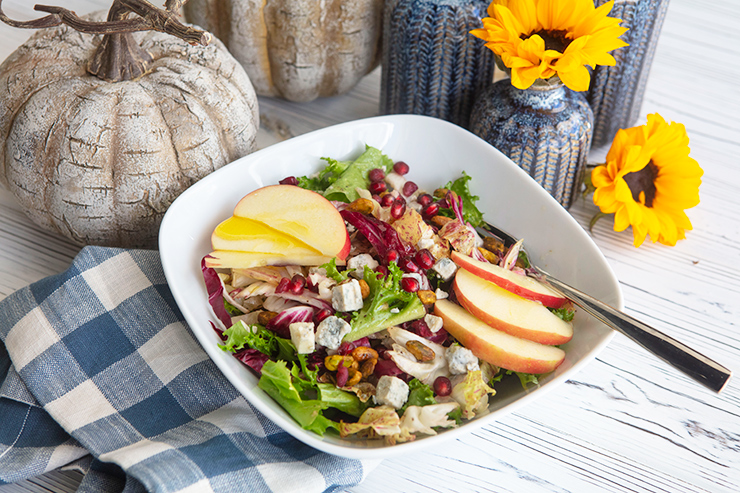 Holiday Bitter Greens Salad With Apples, Almonds, Pomegranate Arils, & Blue Cheese Crumbles
