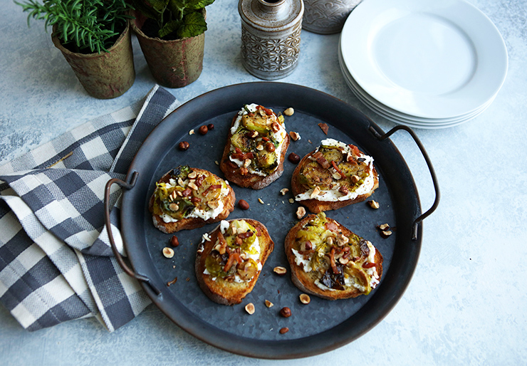 Bruschetta With Burrata, Brussels Sprouts, & Pancetta