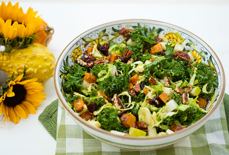 Fall Harvest Salad With Butternut Squash, Kale, Apples, & Cranberries