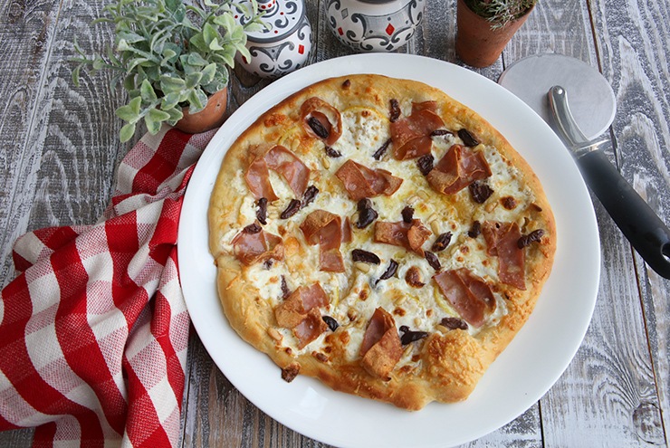 Pizza With Lemon, Mortadella, and Black Olives