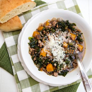 Butternut Squash, Kale, Sausage & Lentil Soup