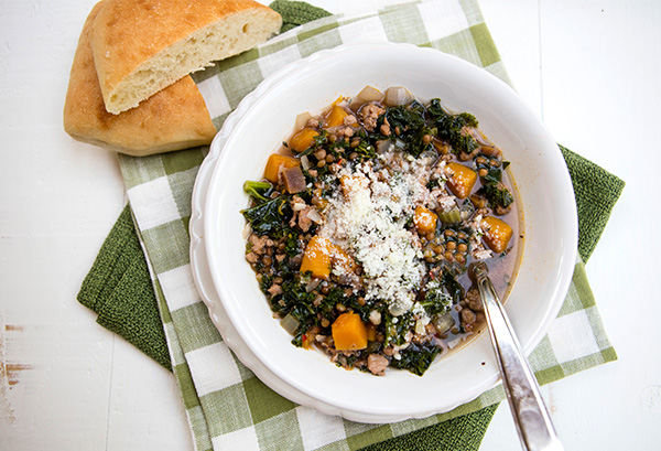 Butternut Squash, Kale, Sausage & Lentil Soup