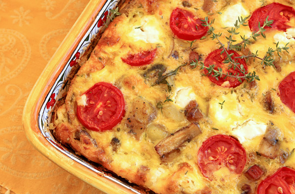 Baked Frittata With Potatoes, Mushrooms, Tomatoes & Goat Cheese