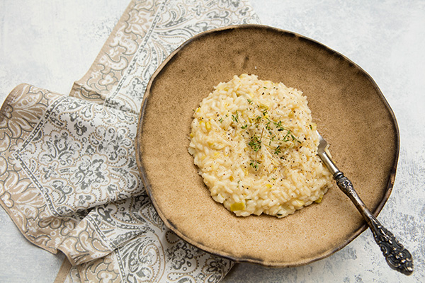 Pressure Cooked Risotto With Leeks, Prosecco, & Parmesan Cheese