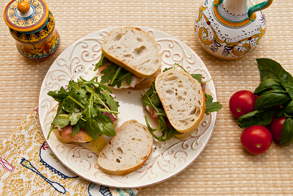Prosciutto, Fresh Mozzarella, Tomato, & Arugula Panini