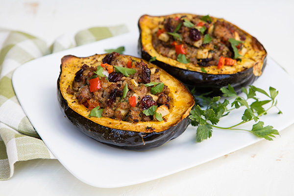 Sausage, Cranberry, & Apple Stuffed Acorn Squash